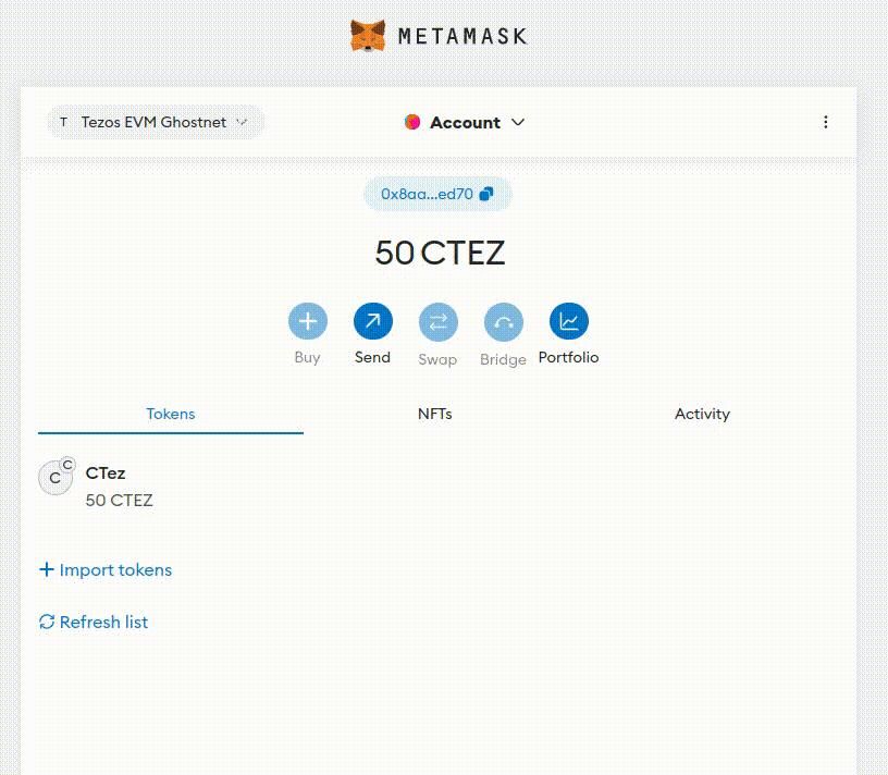 Animation demonstrating a
transfer of ctez on the Ghostnet EVM-rollup using Metamask.